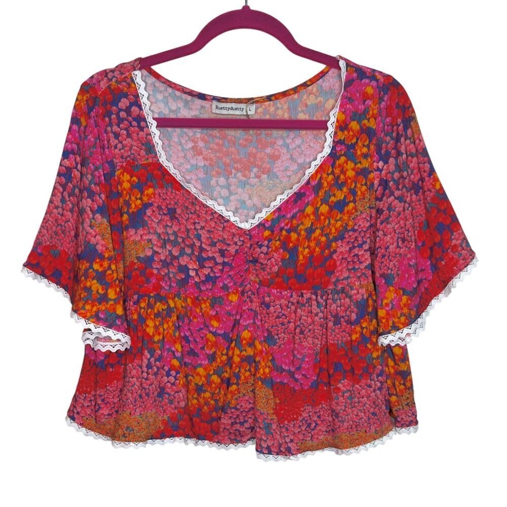 Rusttydustty Pink Floral Boho Blouse Large Lace Trim Peasant Top - Picture 2 of 6